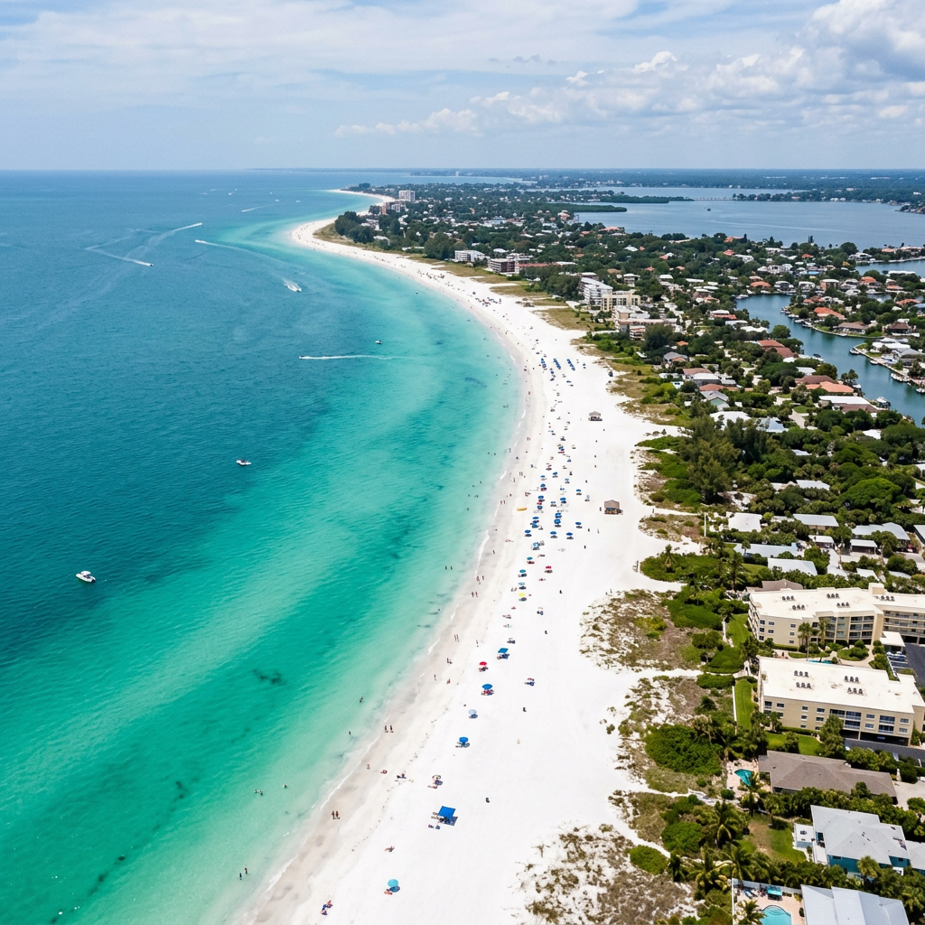 Aerial view of a coastline with clear turquoise waters, white sandy beach, umbrellas, and buildings