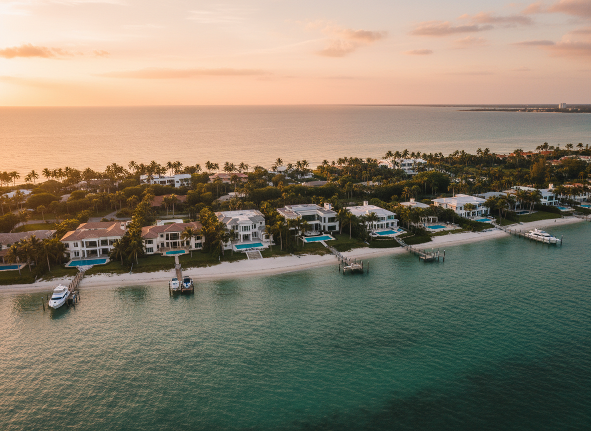 Aerial view of the Sarasota Gulf Coast shoreline at golden hour